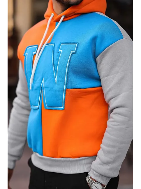 Erkek W Nakış İşlemeli Kapüşonlu Sweatshirt - Mavi