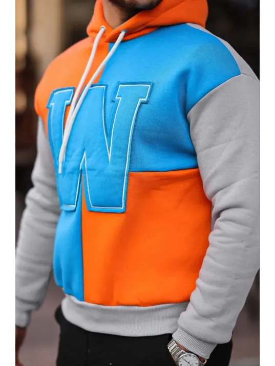 Erkek W Nakış İşlemeli Kapüşonlu Sweatshirt - Mavi