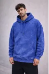 Erkek Yağ Yıkamalı Kapşonlu Double Oversize Üç İplik Pamuklu Sweatshirt - Mavi
