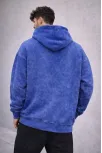 Erkek Yağ Yıkamalı Kapşonlu Double Oversize Üç İplik Pamuklu Sweatshirt - Mavi