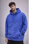 Erkek Yağ Yıkamalı Kapşonlu Double Oversize Üç İplik Pamuklu Sweatshirt - Mavi