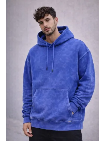 Erkek Yağ Yıkamalı Kapşonlu Double Oversize Üç İplik Pamuklu Sweatshirt - Mavi