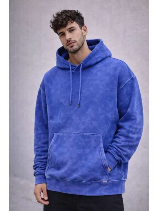 Erkek Yağ Yıkamalı Kapşonlu Double Oversize Üç İplik Pamuklu Sweatshirt - Mavi