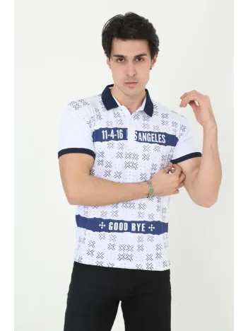 Erkek Yakalı Slim Fit Baskılı T-Shirt - Beyaz Erkek Yakalı Slim Fit Baskılı T-Shirt - Beyaz