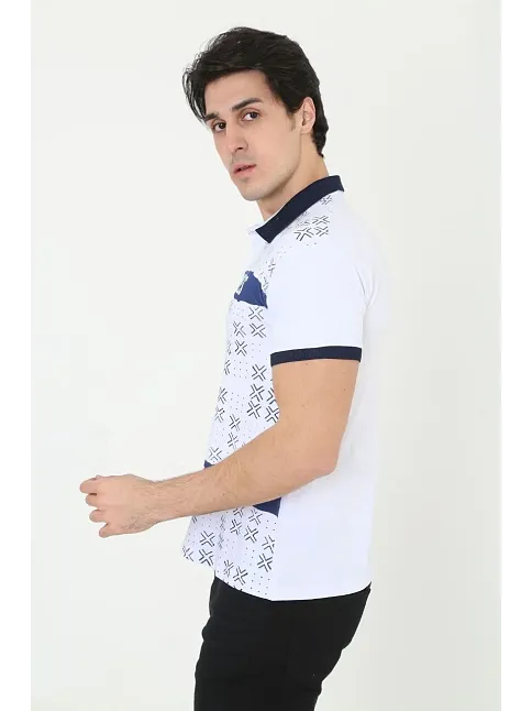 Erkek Yakalı Slim Fit Baskılı T-shirt - Beyaz