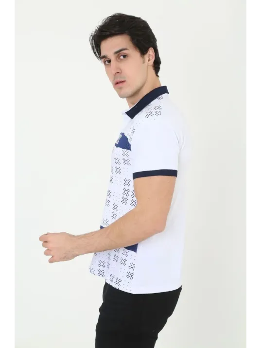 Erkek Yakalı Slim Fit Baskılı T-Shirt - Beyaz Erkek Yakalı Slim Fit Baskılı T-Shirt - Beyaz