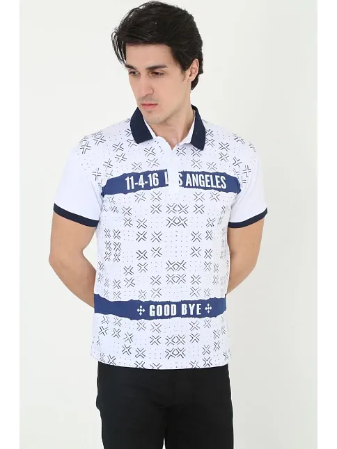Erkek Yakalı Slim Fit Baskılı T-shirt - Beyaz