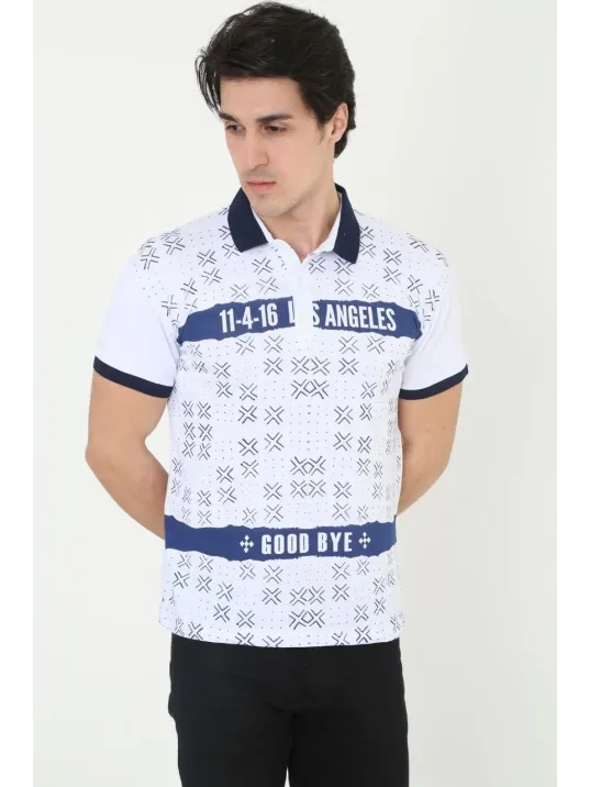 Erkek Yakalı Slim Fit Baskılı T-Shirt - Beyaz Erkek Yakalı Slim Fit Baskılı T-Shirt - Beyaz
