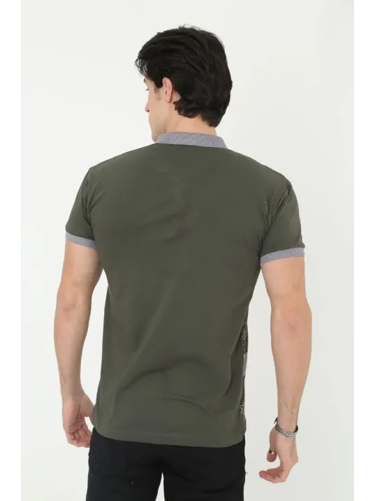 Erkek Yakalı Slim Fit Baskılı T-Shirt - Haki Erkek Yakalı Slim Fit Baskılı T-Shirt - Haki