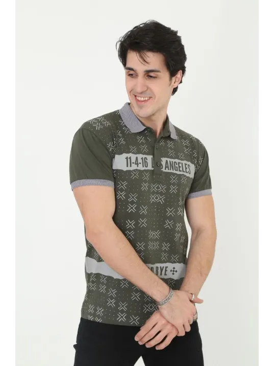Erkek Yakalı Slim Fit Baskılı T-Shirt - Haki Erkek Yakalı Slim Fit Baskılı T-Shirt - Haki