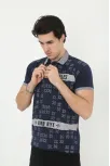 Erkek Yakalı Slim Fit Baskılı T-shirt - Lacivert
