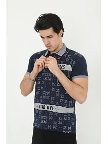 Erkek Yakalı Slim Fit Baskılı T-shirt - Lacivert