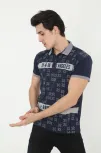 Erkek Yakalı Slim Fit Baskılı T-shirt - Lacivert