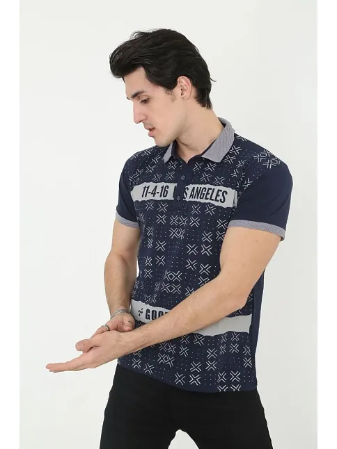 Erkek Yakalı Slim Fit Baskılı T-shirt - Lacivert