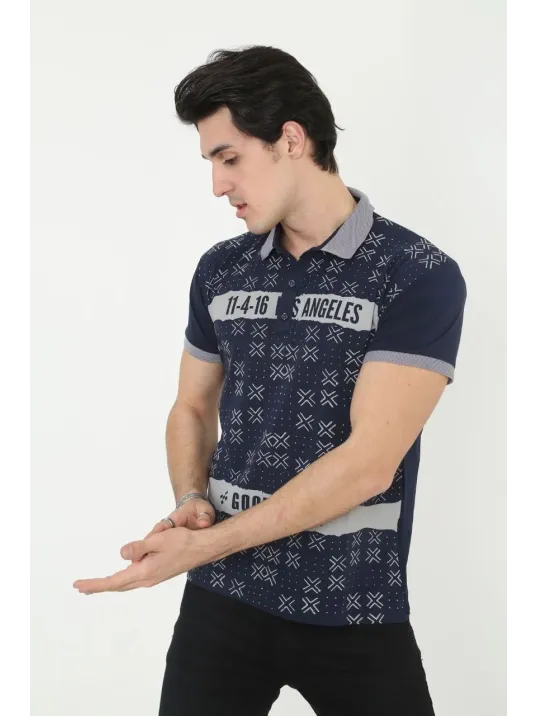 Erkek Yakalı Slim Fit Baskılı T-Shirt - Lacivert Erkek Yakalı Slim Fit Baskılı T-Shirt - Lacivert
