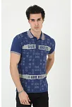 Erkek Yakalı Slim Fit Baskılı T-shirt - Mavi