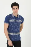 Erkek Yakalı Slim Fit Baskılı T-shirt - Mavi