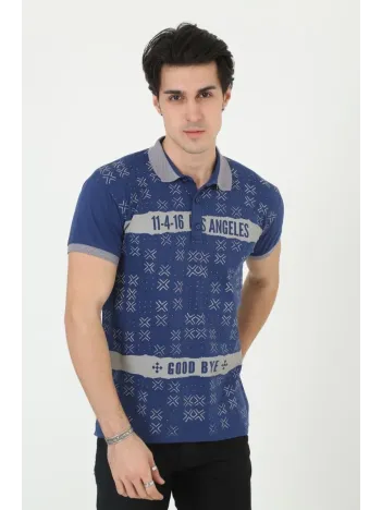 Erkek Yakalı Slim Fit Baskılı T-Shirt - Mavi Erkek Yakalı Slim Fit Baskılı T-Shirt - Mavi