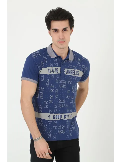 Erkek Yakalı Slim Fit Baskılı T-shirt - Mavi