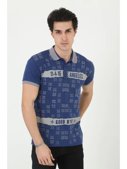 Erkek Yakalı Slim Fit Baskılı T-Shirt - Mavi Erkek Yakalı Slim Fit Baskılı T-Shirt - Mavi