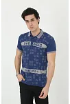 Erkek Yakalı Slim Fit Baskılı T-shirt - Mavi