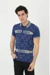 Erkek Yakalı Slim Fit Baskılı T-shirt - Mavi