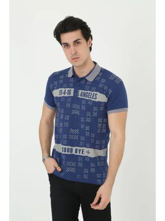 Erkek Yakalı Slim Fit Baskılı T-Shirt - Mavi Erkek Yakalı Slim Fit Baskılı T-Shirt - Mavi