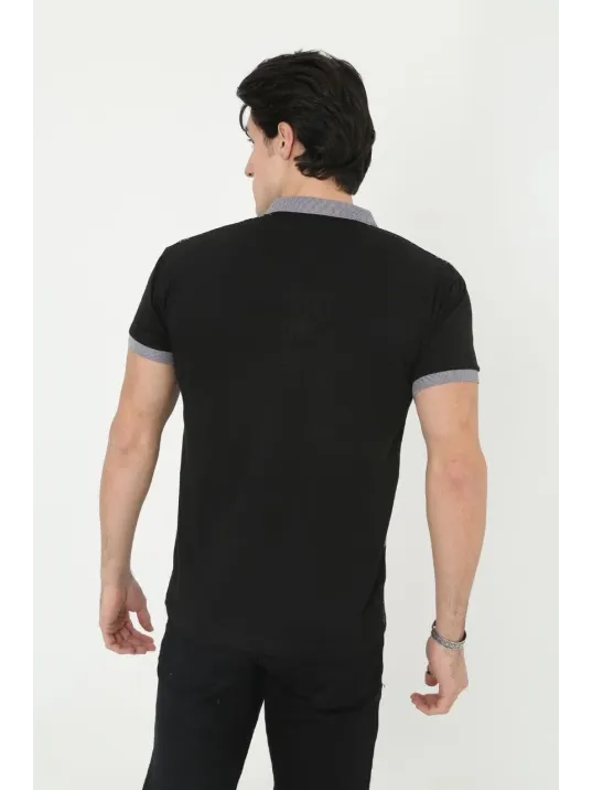 Erkek Yakalı Slim Fit Baskılı T-Shirt - Siyah Erkek Yakalı Slim Fit Baskılı T-Shirt - Siyah