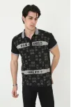 Erkek Yakalı Slim Fit Baskılı T-shirt - Siyah