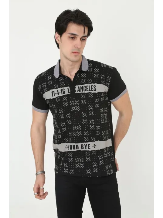 Erkek Yakalı Slim Fit Baskılı T-Shirt - Siyah Erkek Yakalı Slim Fit Baskılı T-Shirt - Siyah