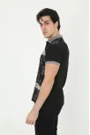 Erkek Yakalı Slim Fit Baskılı T-shirt - Siyah