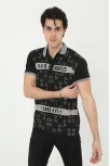 Erkek Yakalı Slim Fit Baskılı T-shirt - Siyah