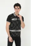 Erkek Yakalı Slim Fit Baskılı T-shirt - Siyah