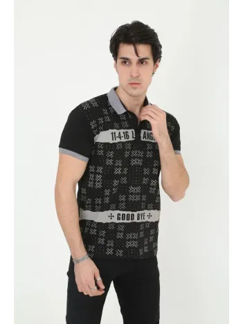 Erkek Yakalı Slim Fit Baskılı T-Shirt - Siyah Erkek Yakalı Slim Fit Baskılı T-Shirt - Siyah