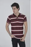 Erkek Yakalı Slim Fit Dokuma Çizgili T-shirt - Bordo