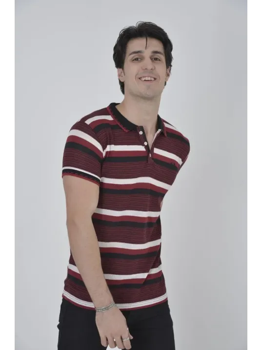 Erkek Yakalı Slim Fit Dokuma Çizgili T-Shirt - Bordo Erkek Yakalı Slim Fit Dokuma Çizgili T-Shirt - Bordo