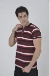 Erkek Yakalı Slim Fit Dokuma Çizgili T-shirt - Bordo
