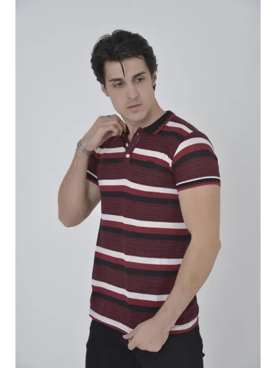Erkek Yakalı Slim Fit Dokuma Çizgili T-Shirt - Bordo Erkek Yakalı Slim Fit Dokuma Çizgili T-Shirt - Bordo
