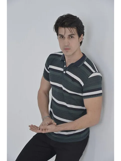 Erkek Yakalı Slim Fit Dokuma Çizgili T-shirt - Haki