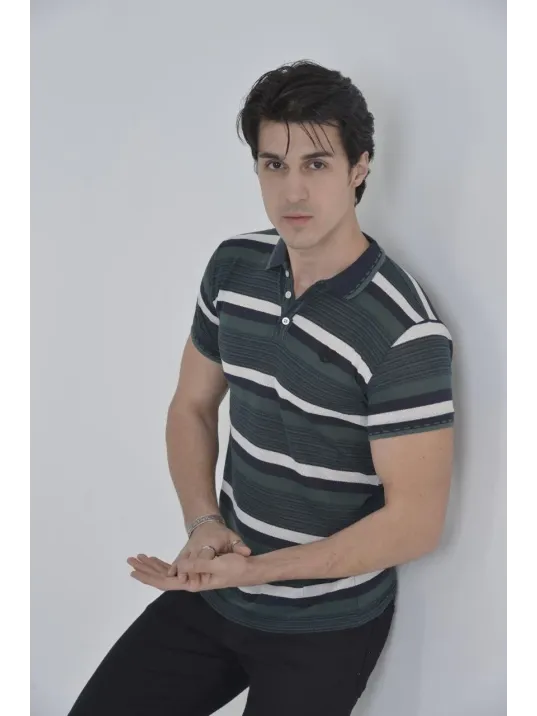 Erkek Yakalı Slim Fit Dokuma Çizgili T-Shirt - Haki Erkek Yakalı Slim Fit Dokuma Çizgili T-Shirt - Haki