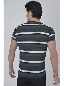 Erkek Yakalı Slim Fit Dokuma Çizgili T-shirt - Haki