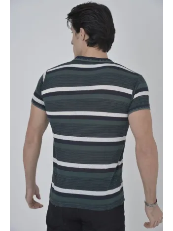 Erkek Yakalı Slim Fit Dokuma Çizgili T-Shirt - Haki