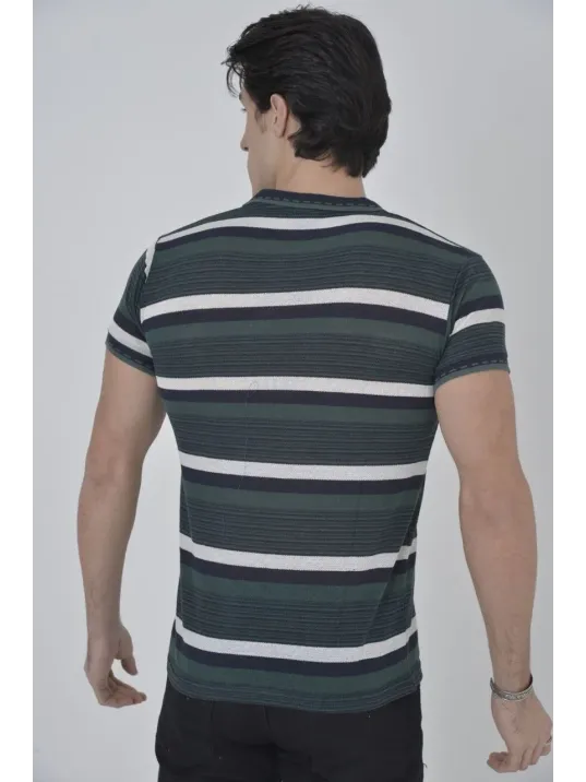Erkek Yakalı Slim Fit Dokuma Çizgili T-Shirt - Haki Erkek Yakalı Slim Fit Dokuma Çizgili T-Shirt - Haki