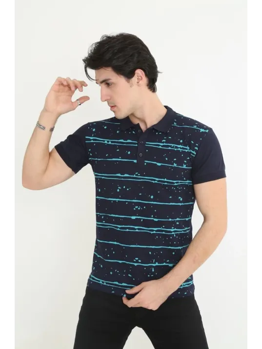 Erkek Yakalı Slim Fit Pike Çizgili T-Shirt - Lacivert Erkek Yakalı Slim Fit Pike Çizgili T-Shirt - Lacivert