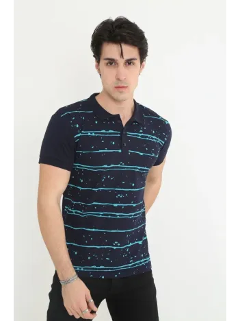 Erkek Yakalı Slim Fit Pike Çizgili T-Shirt - Lacivert Erkek Yakalı Slim Fit Pike Çizgili T-Shirt - Lacivert