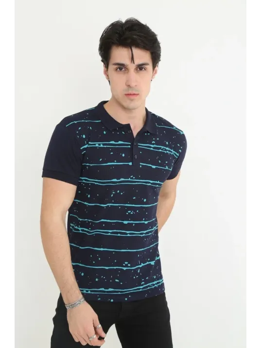 Erkek Yakalı Slim Fit Pike Çizgili T-Shirt - Lacivert Erkek Yakalı Slim Fit Pike Çizgili T-Shirt - Lacivert
