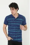Erkek Yakalı Slim Fit Pike Çizgili T-shirt - Mavi