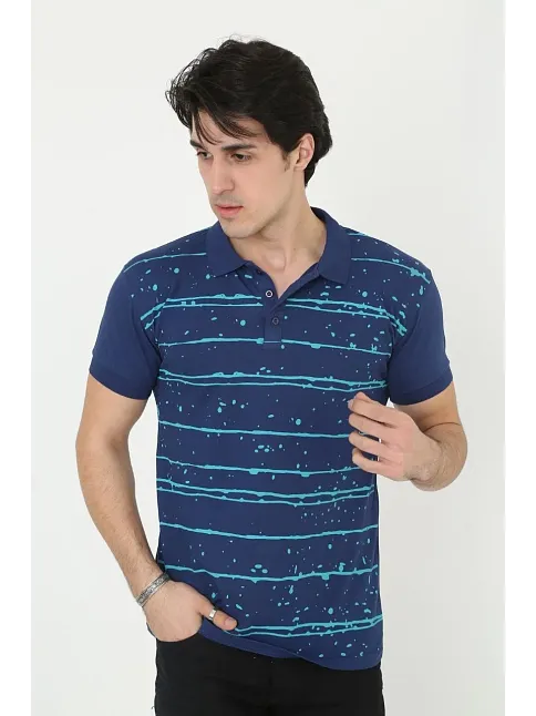 Erkek Yakalı Slim Fit Pike Çizgili T-shirt - Mavi