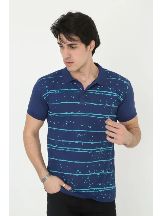 Erkek Yakalı Slim Fit Pike Çizgili T-Shirt - Mavi Erkek Yakalı Slim Fit Pike Çizgili T-Shirt - Mavi