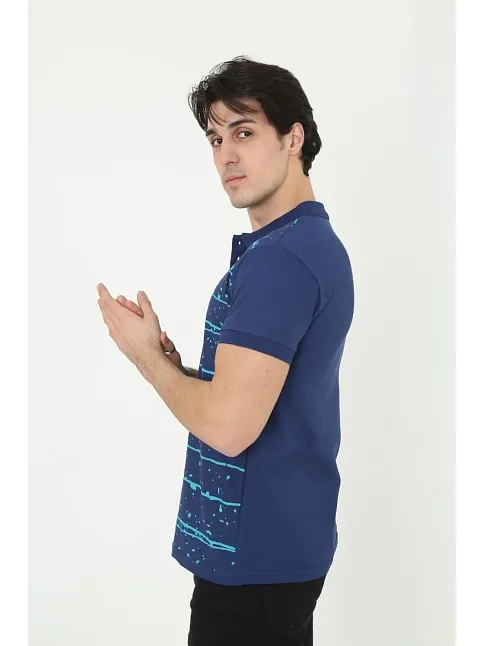 Erkek Yakalı Slim Fit Pike Çizgili T-shirt - Mavi